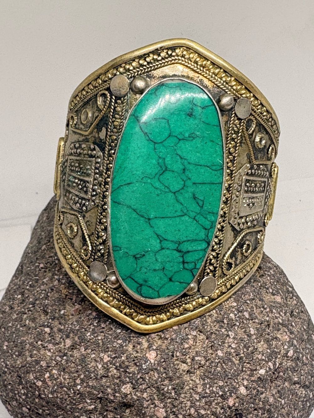 Vintage Afghani Silver Handmade Adjustable Bangle With Green Turquoise Stone